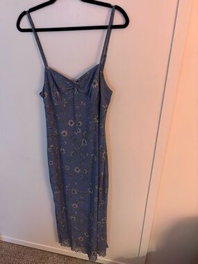 Blue Floral Slip Midi Dress with Adjustable Straps